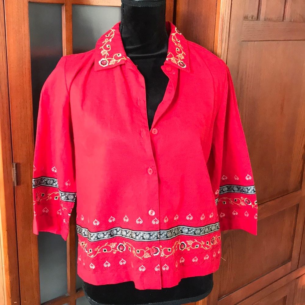 Vtg Sag Harbor Red Embroidered Button-up Boho Floral 3/4 Sleeve Top NWT PM